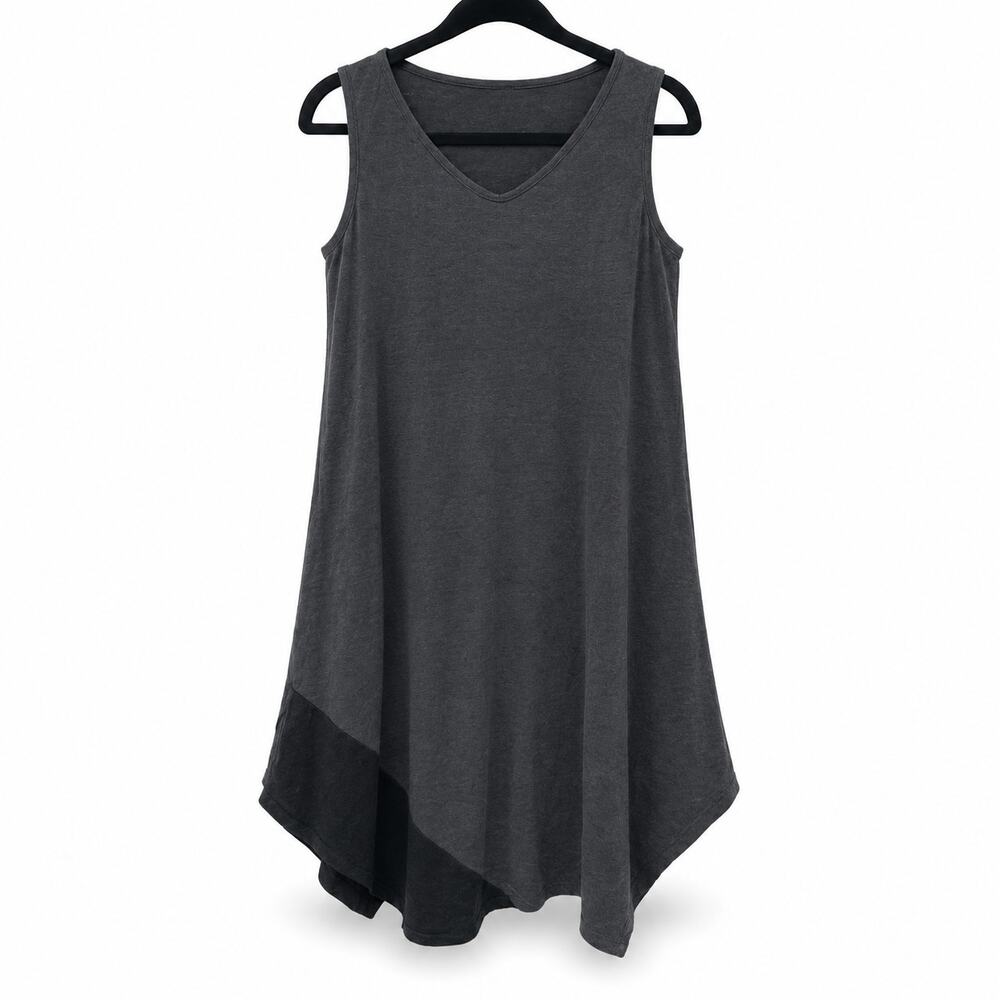 Eileen Fisher Organic Linen Midi Dress MP Dark Gray Asymmetrical Hem Minimalist